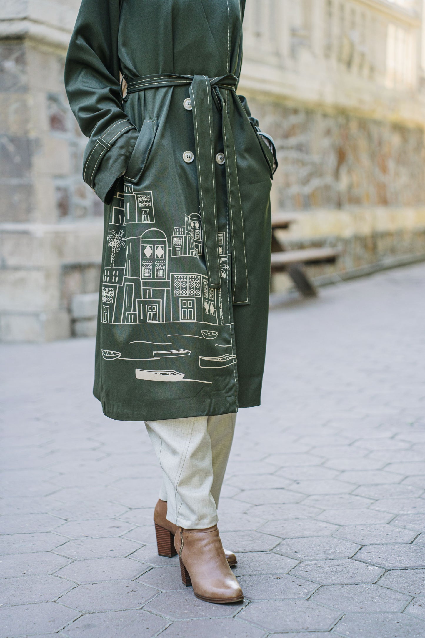 The Town Olive Trench Coat - Beige Town Silk Screen Print