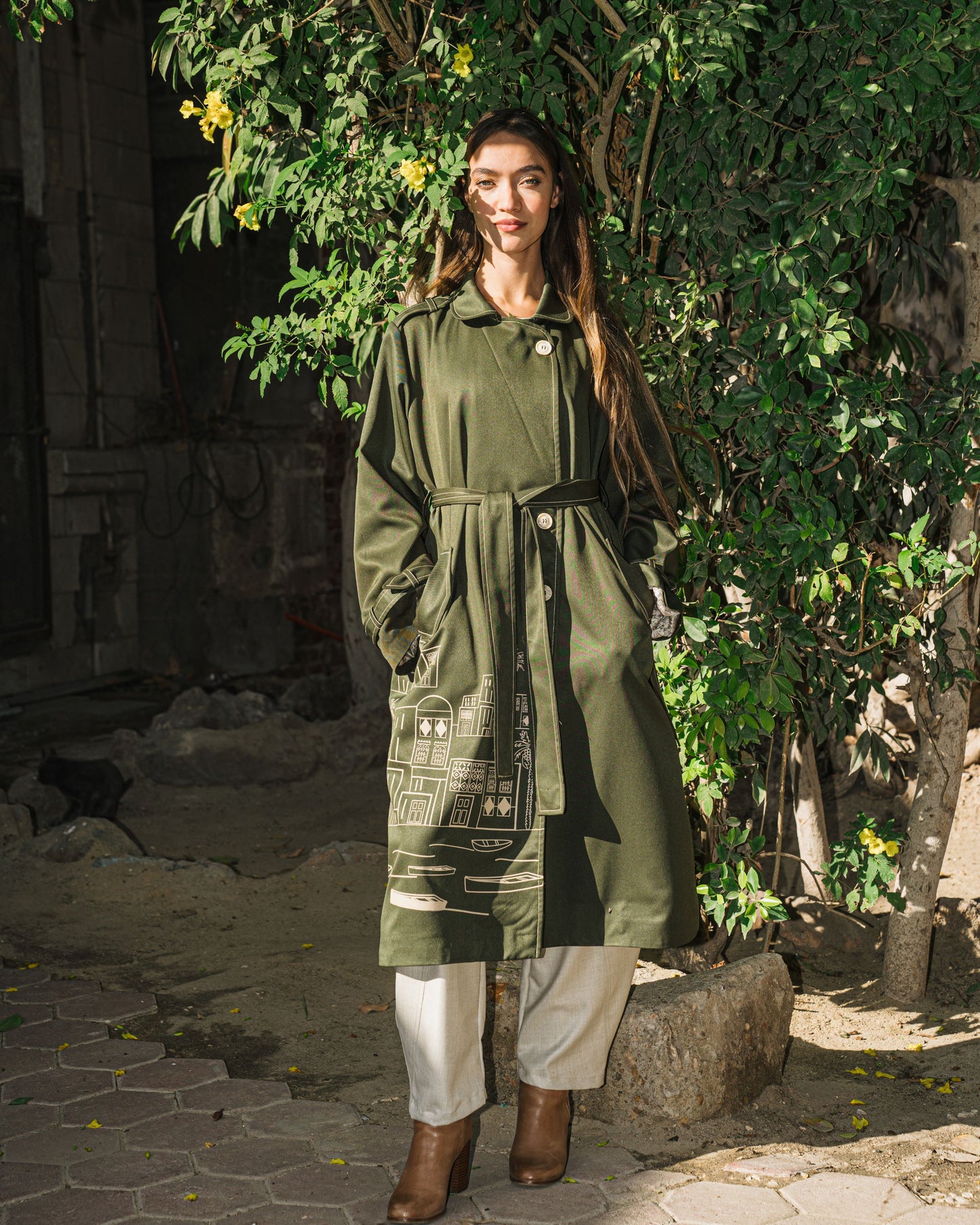 The Town Olive Trench Coat - Beige Town Silk Screen Print