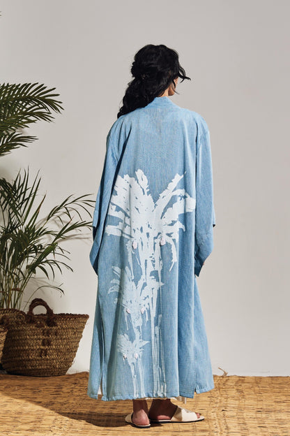 LONG BLUE LINEN KIMONO - PALM TREE PRINT