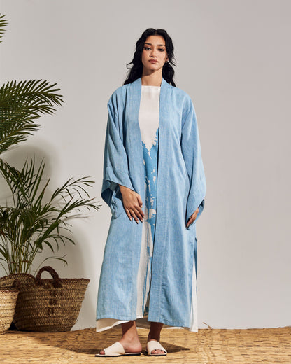 LONG BLUE LINEN KIMONO - PALM TREE PRINT