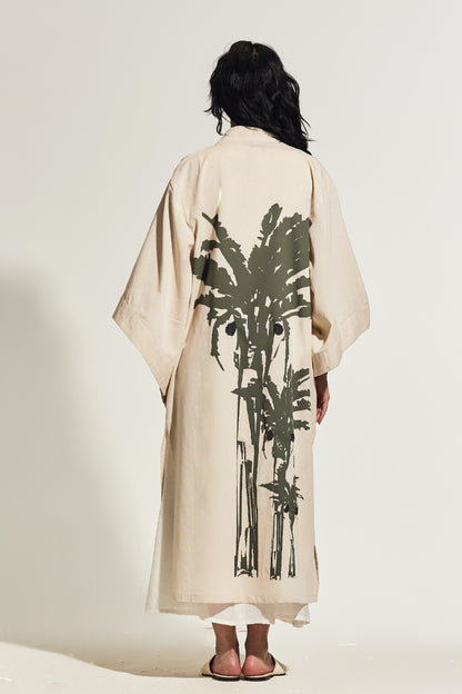 LONG BEIGE LINEN KIMONO - GREY PALM TREE PRINT