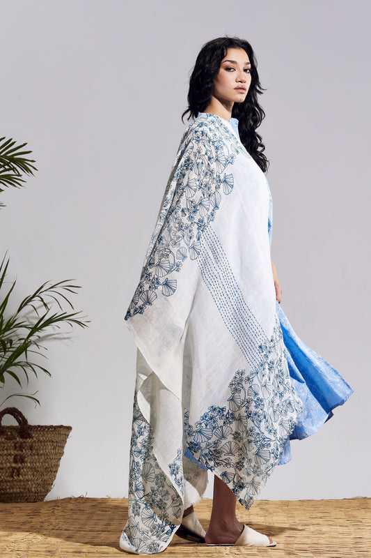 WHITE LINEN SHAWL - MANGROVE AND SHELLS PRINT