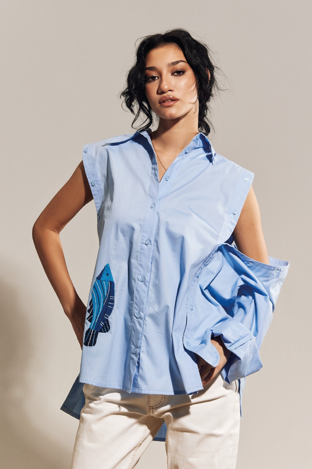 BLUE CUTPOUT SLEEVES SHIRT