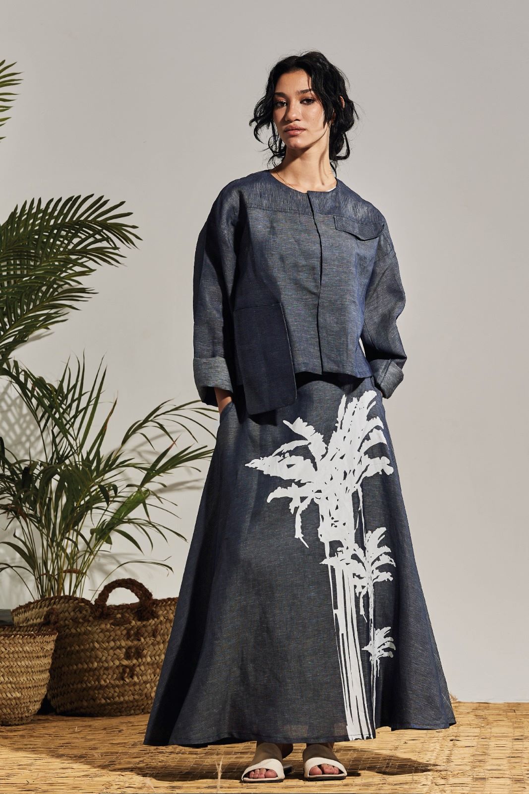 DENIM LINEN SKIRT - PALM TREE PRINT