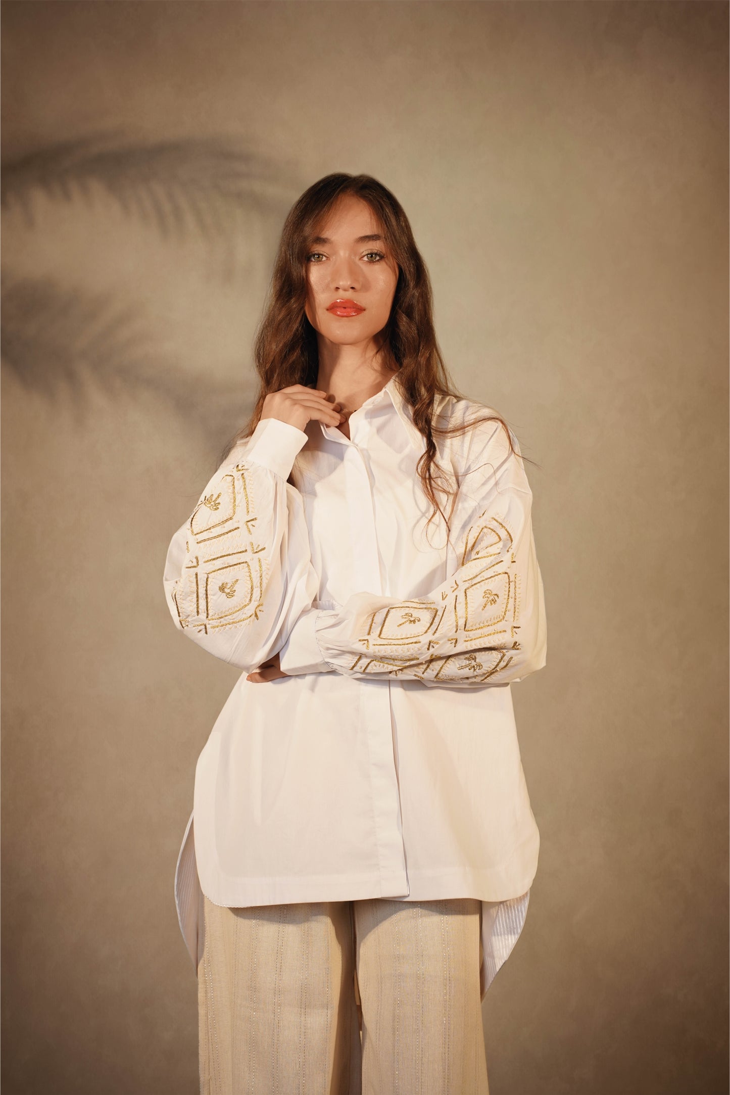 White Palma Shirt- Embroidered Sleeves
