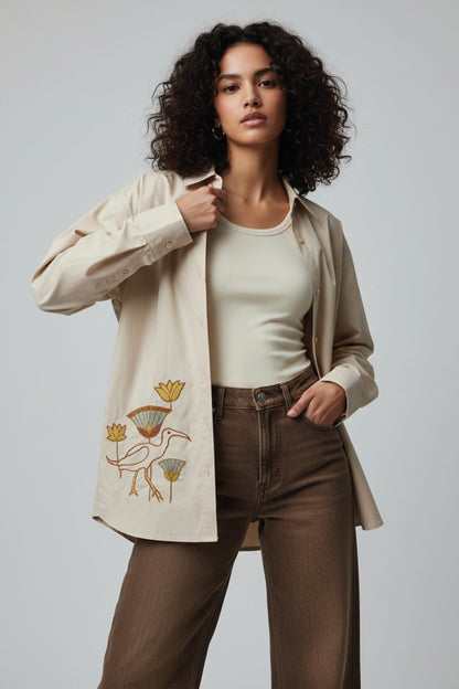 Beige Shirt Egret -Lotus Embroidery