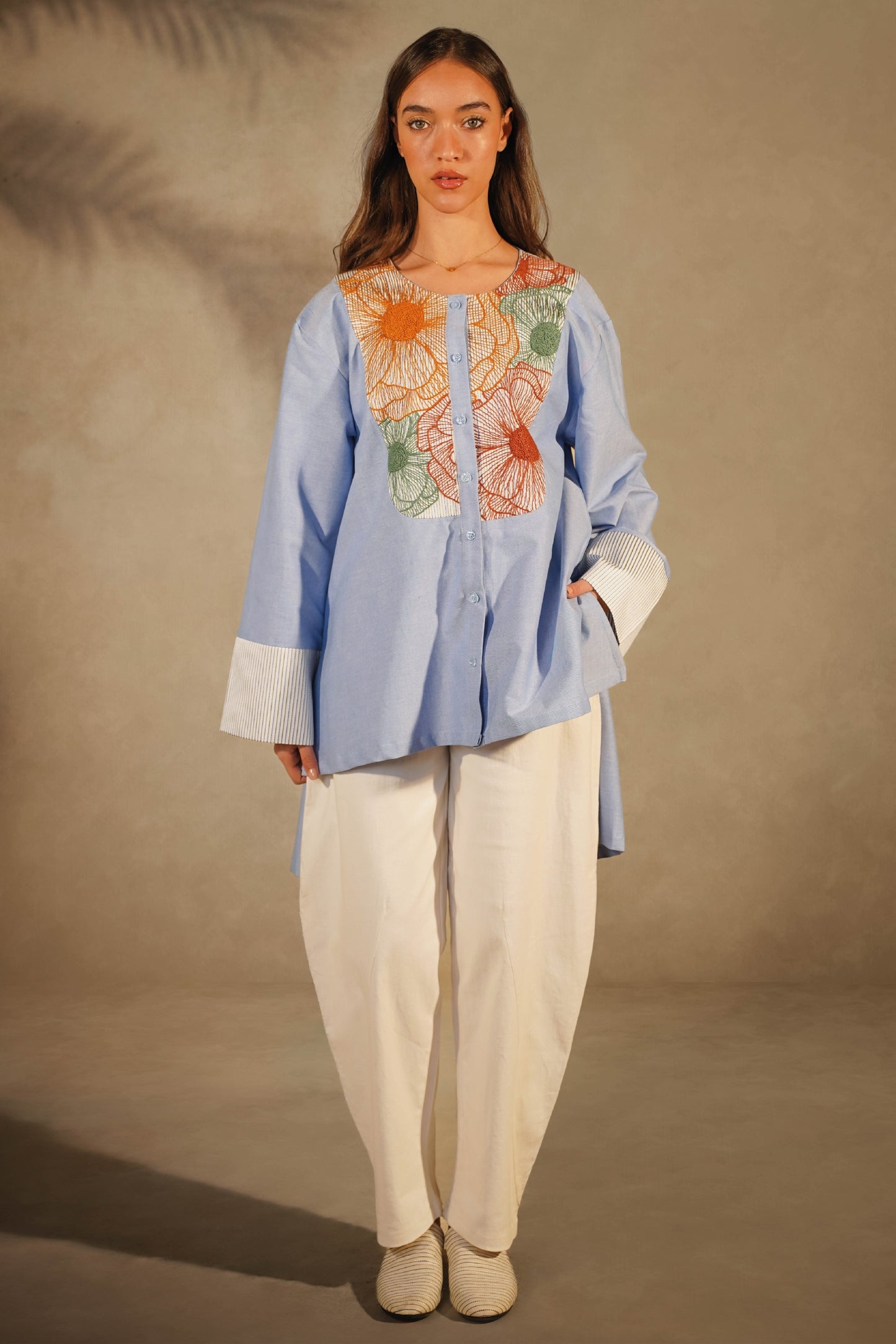 Light Blue Alaga Shirt - Floral Embroidery