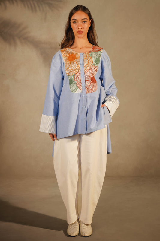 Light Blue Alaga Shirt - Floral Embroidery