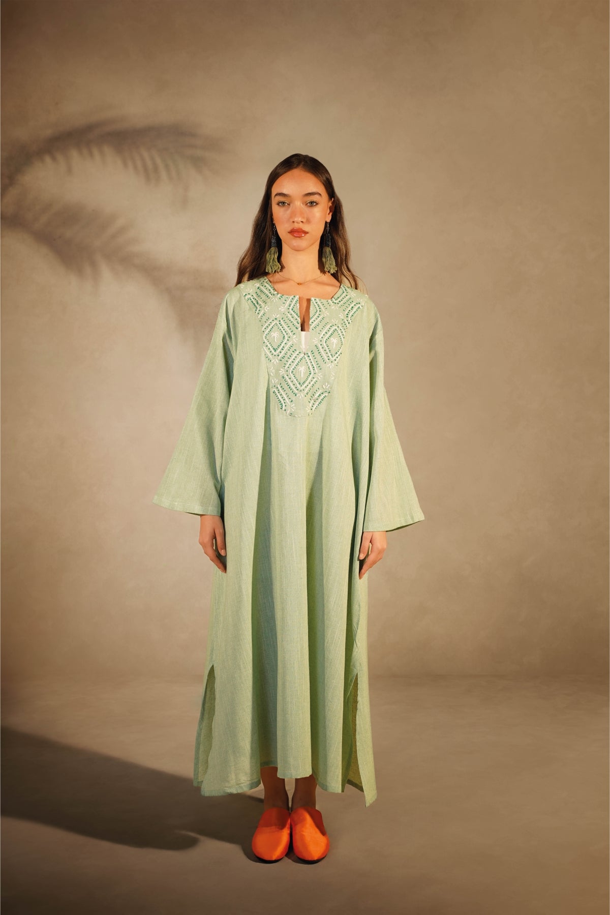 Pistachio Linen Embroidered Galabeya