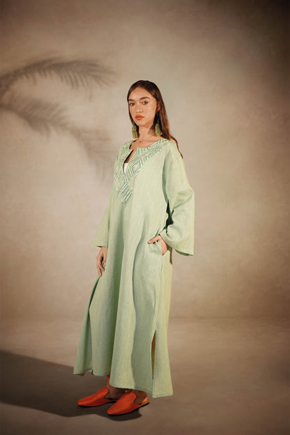 Pistachio Linen Embroidered Galabeya