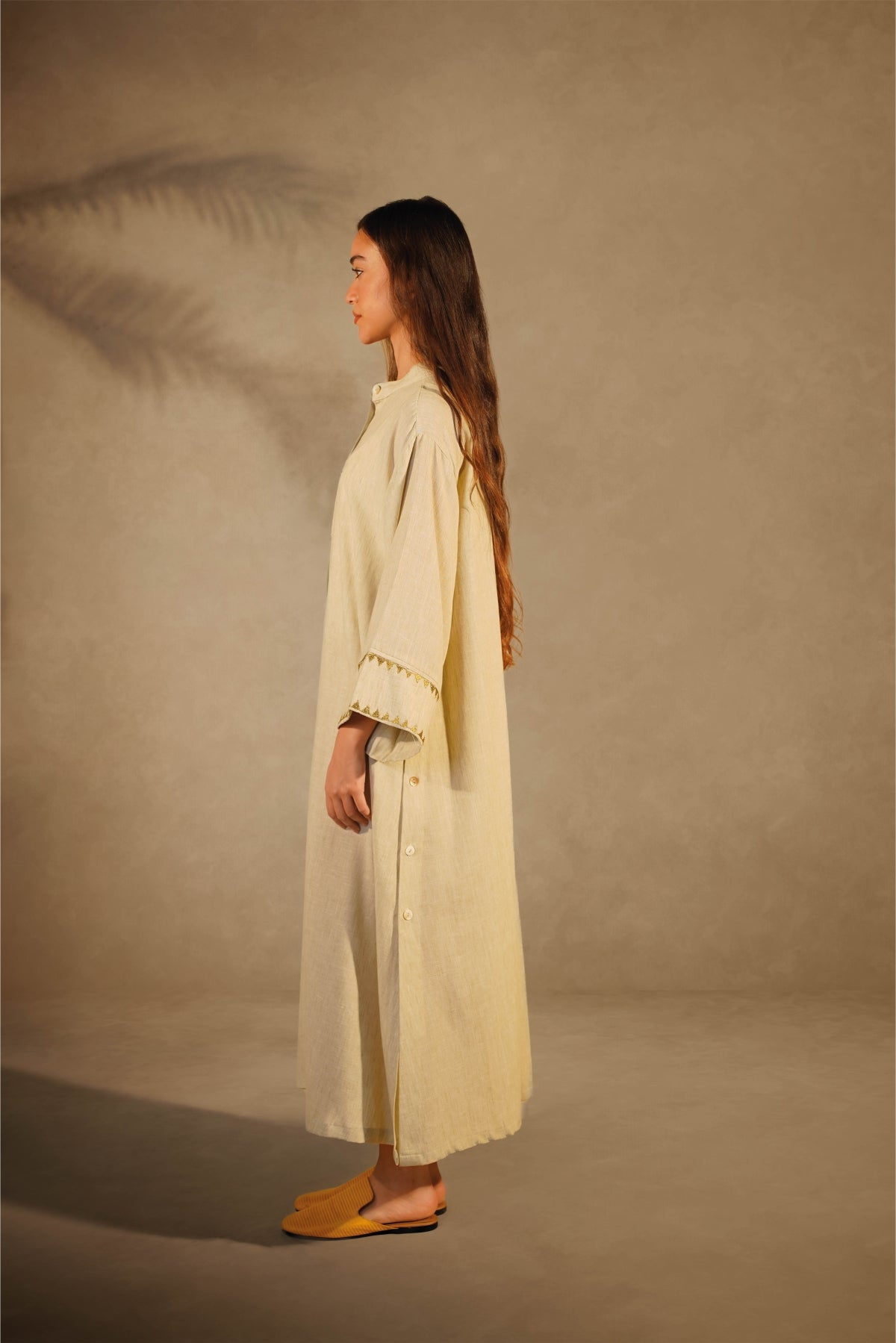 Linen Beige Dress- Gold Embroidery
