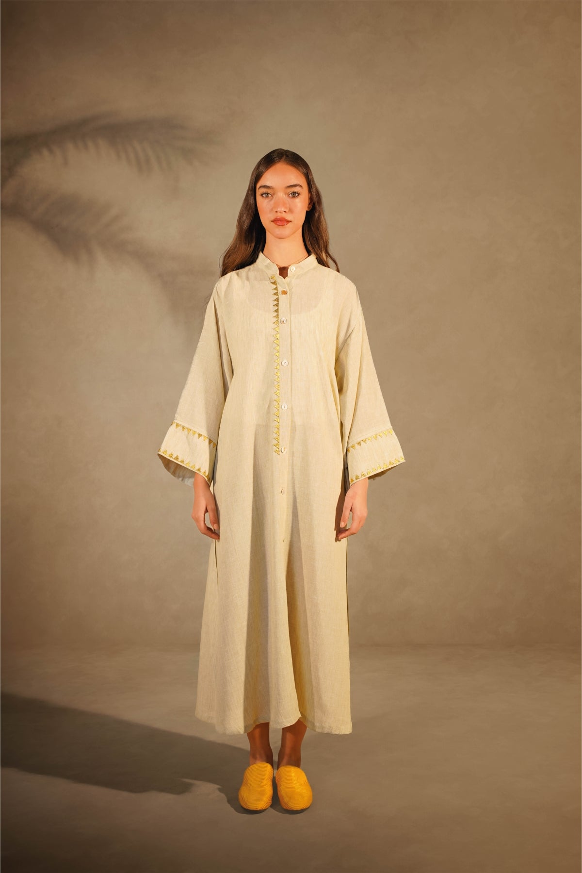 Linen Beige Dress- Gold Embroidery