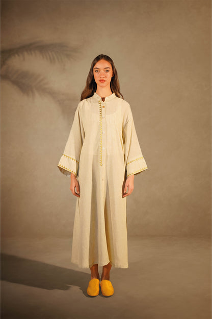 Linen Beige Dress- Gold Embroidery