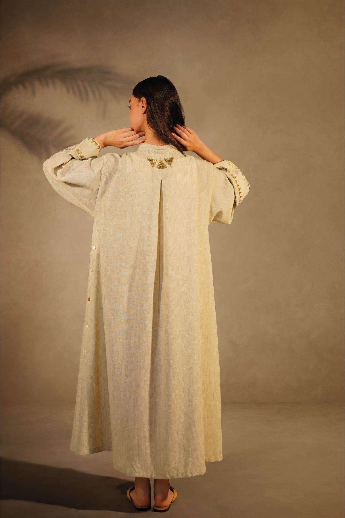 Linen Beige Dress- Gold Embroidery