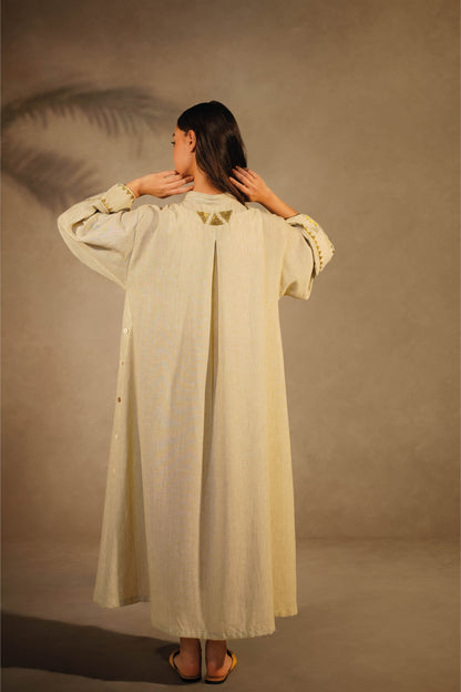 Linen Beige Dress- Gold Embroidery