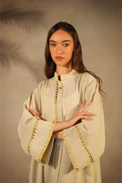 Linen Beige Dress- Gold Embroidery