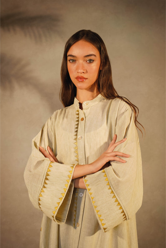 Linen Beige Dress- Gold Embroidery