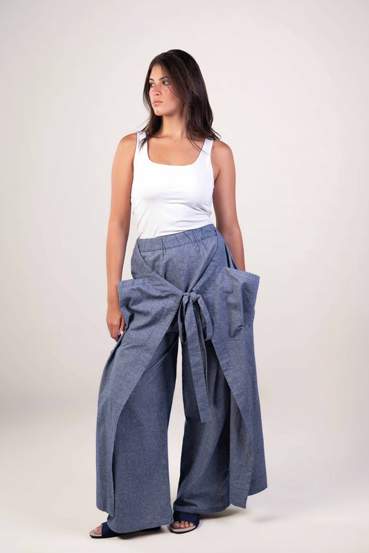 Wide Leg - Tie Front Blue Pants