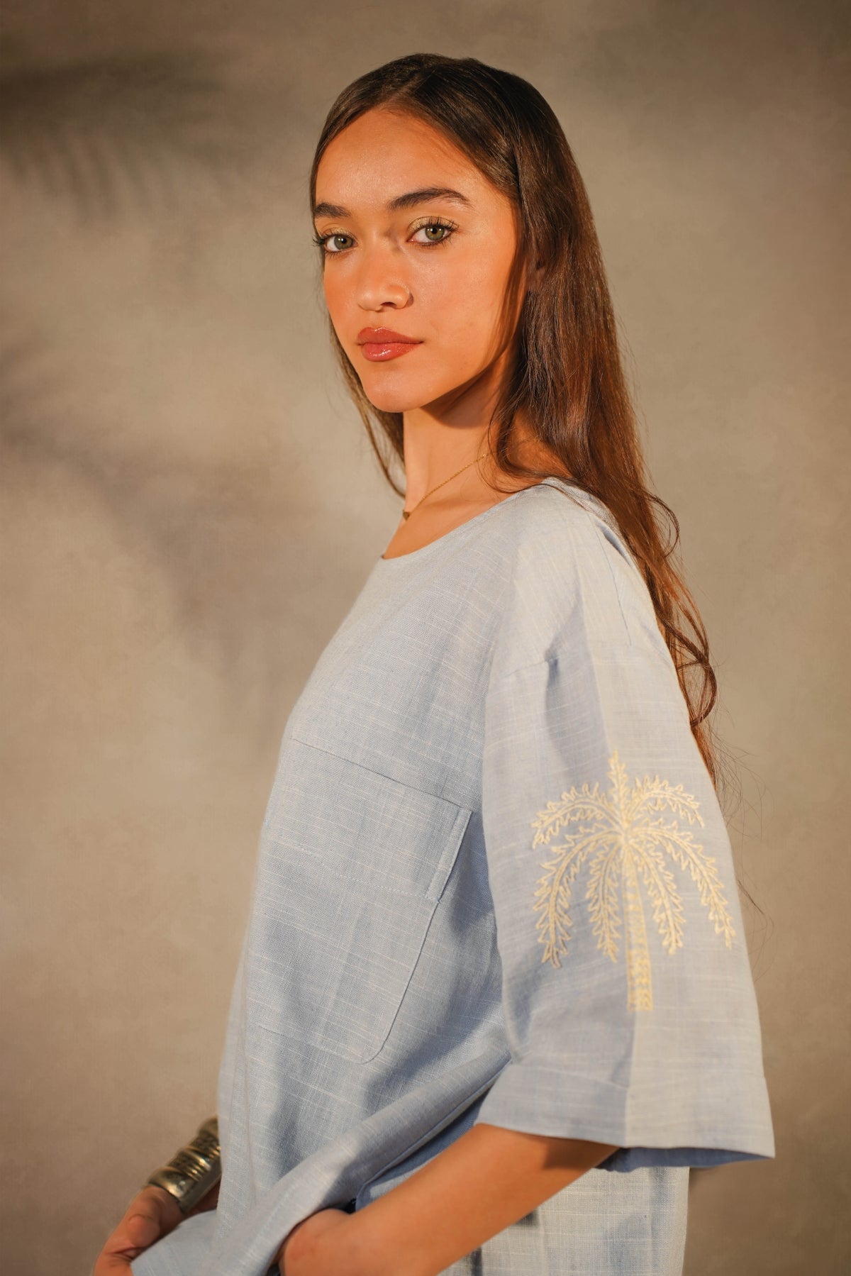 Linen Embroidered T-Shirt Baby Blue