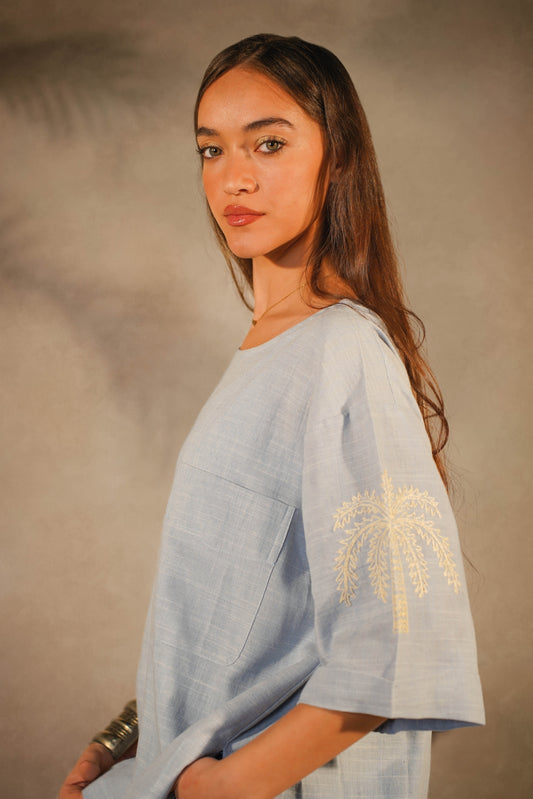 Linen Embroidered T-Shirt Baby Blue