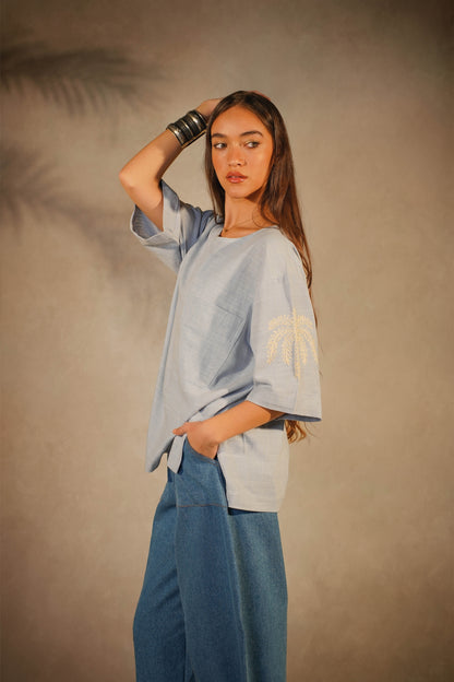 Linen Embroidered T-Shirt Baby Blue