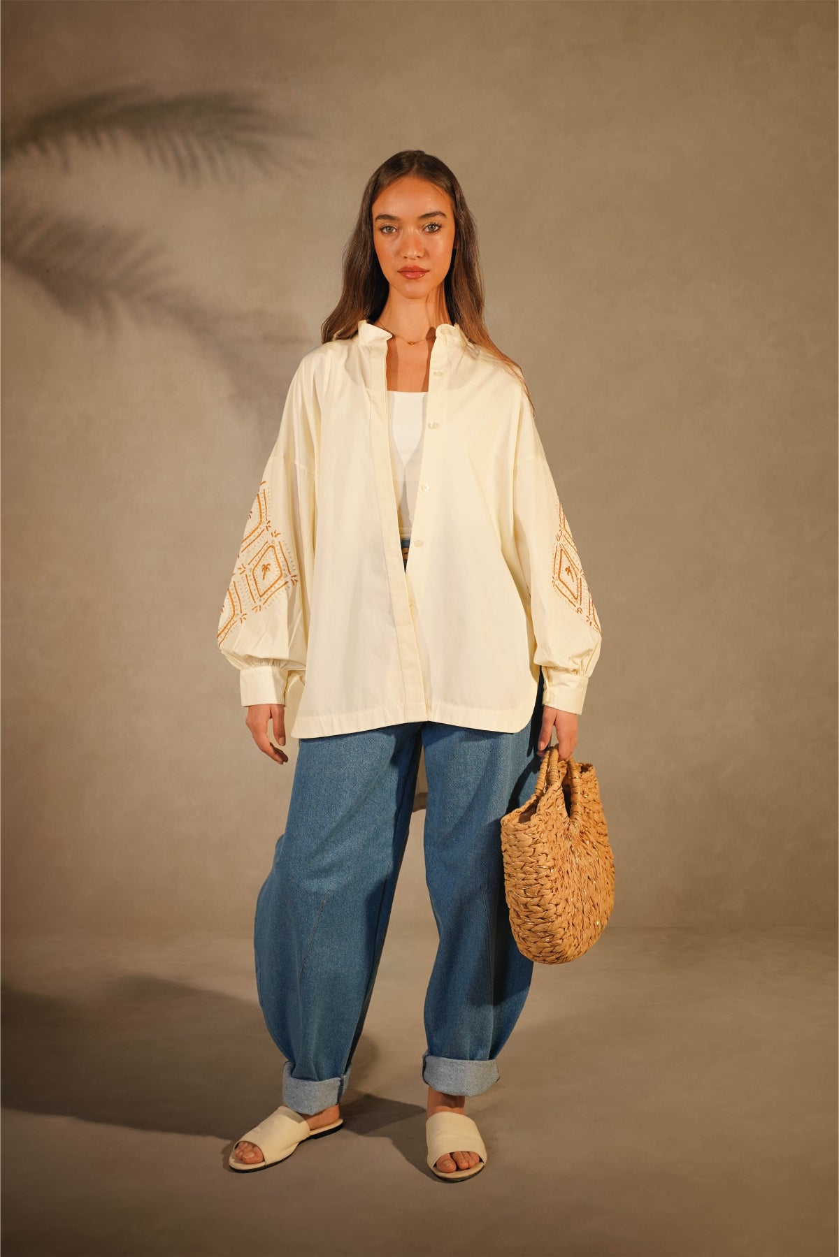 Beige Palma Shirt- Embroidered Sleeves