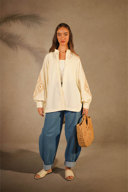 Beige Palma Shirt- Embroidered Sleeves