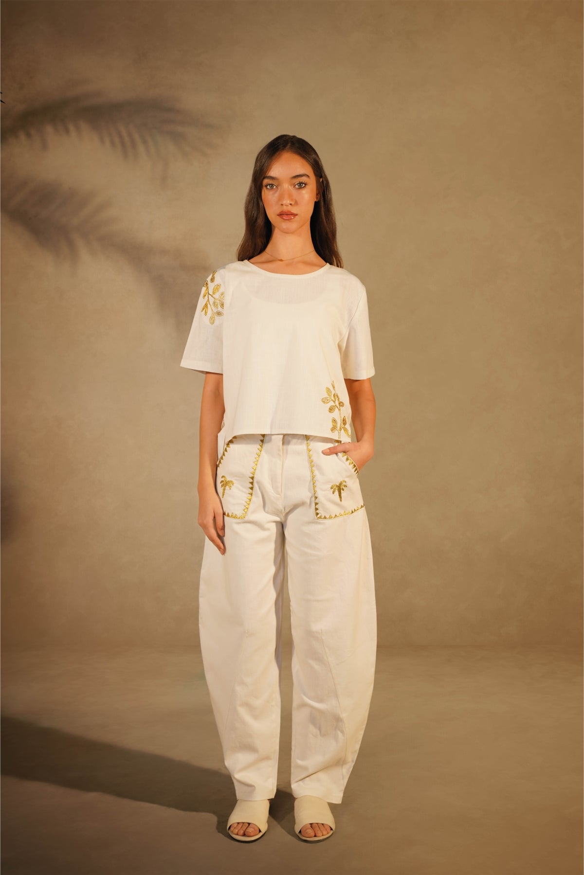 Linen White T-Shirt - Gold Embroidered Leaves
