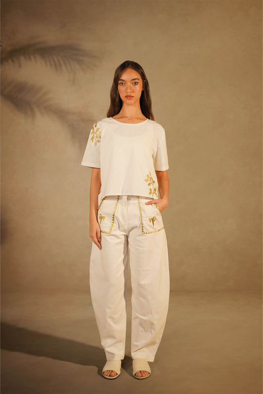White Carrot Leg Pants- Gold Embroidery