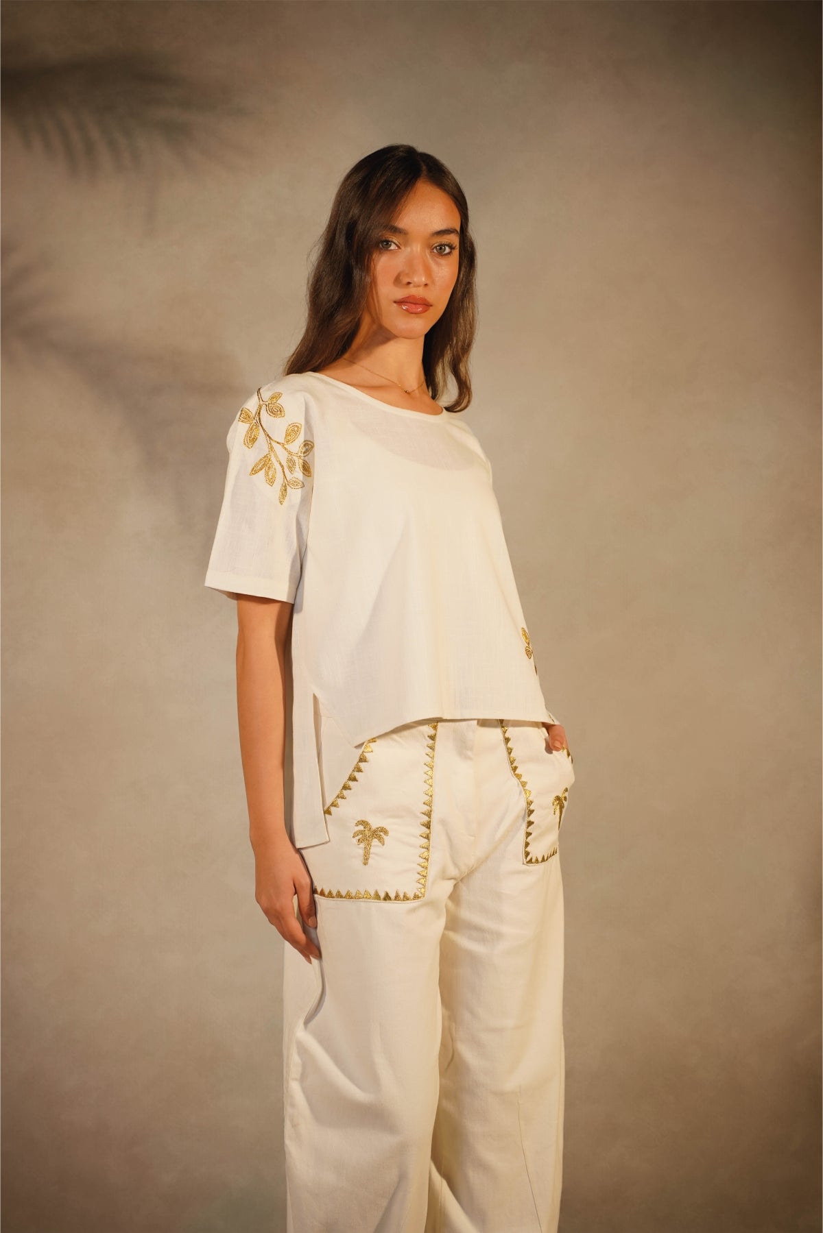Linen White T-Shirt - Gold Embroidered Leaves