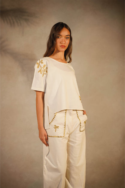 Linen White T-Shirt - Gold Embroidered Leaves