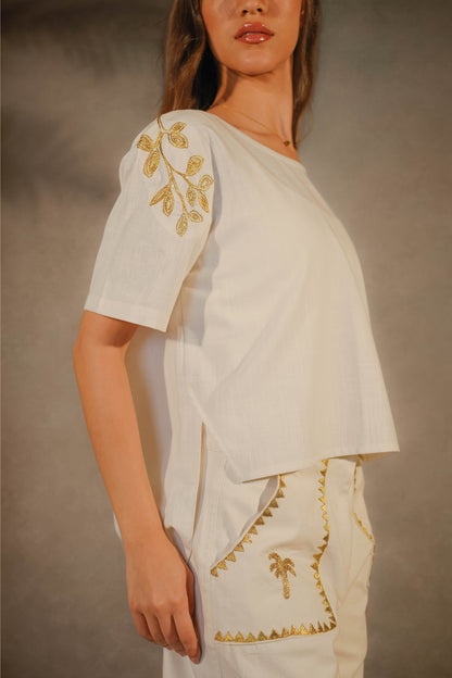 Linen White T-Shirt - Gold Embroidered Leaves