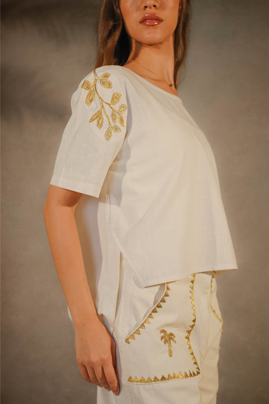 Linen White T-Shirt - Gold Embroidered Leaves