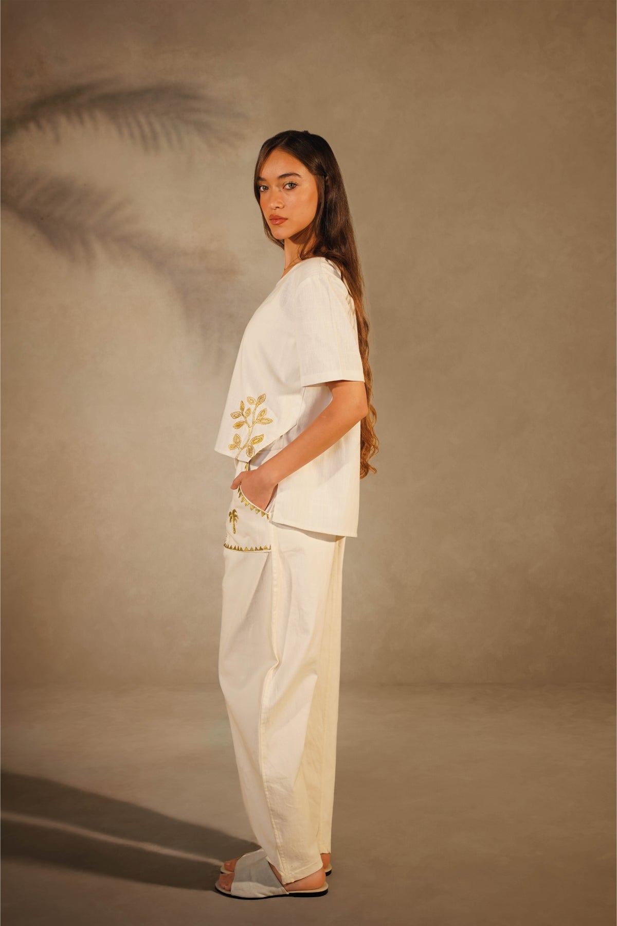 Linen White T-Shirt - Gold Embroidered Leaves