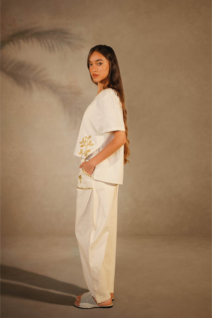 Linen White T-Shirt - Gold Embroidered Leaves