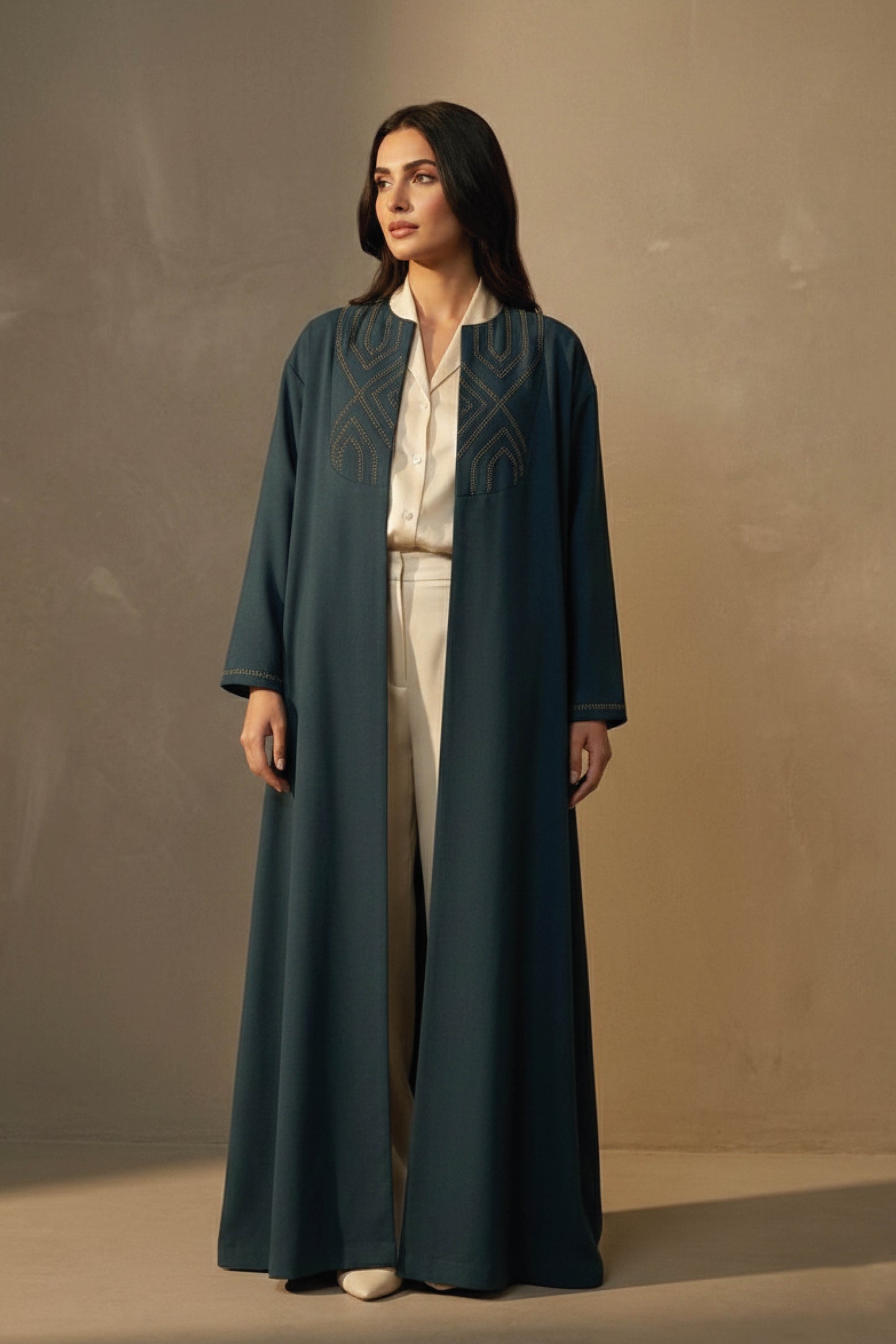 Basket Pattern Long Embroidered Coat -Teal