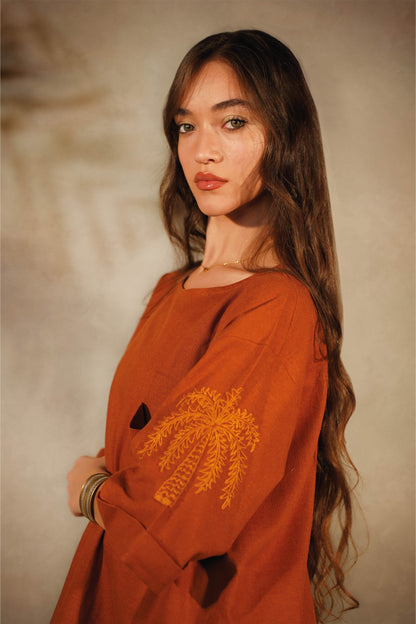 Linen Embroidered T-Shirt Camel