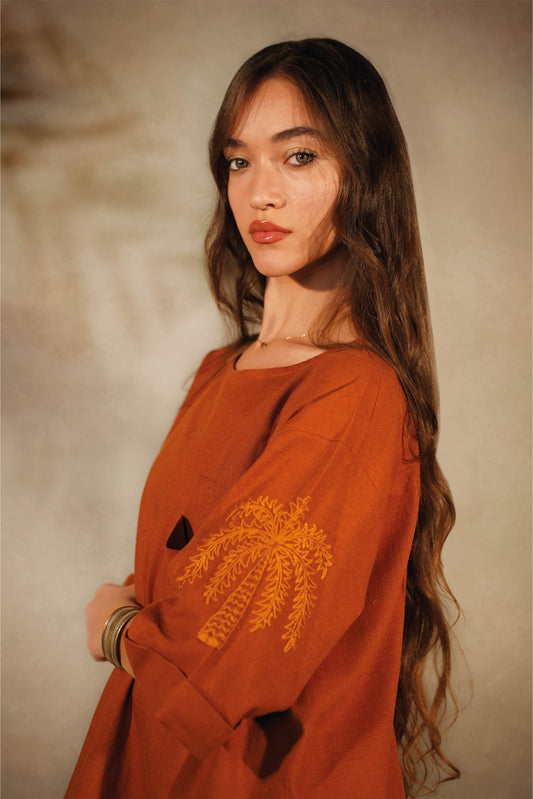 Linen Embroidered T-Shirt Camel