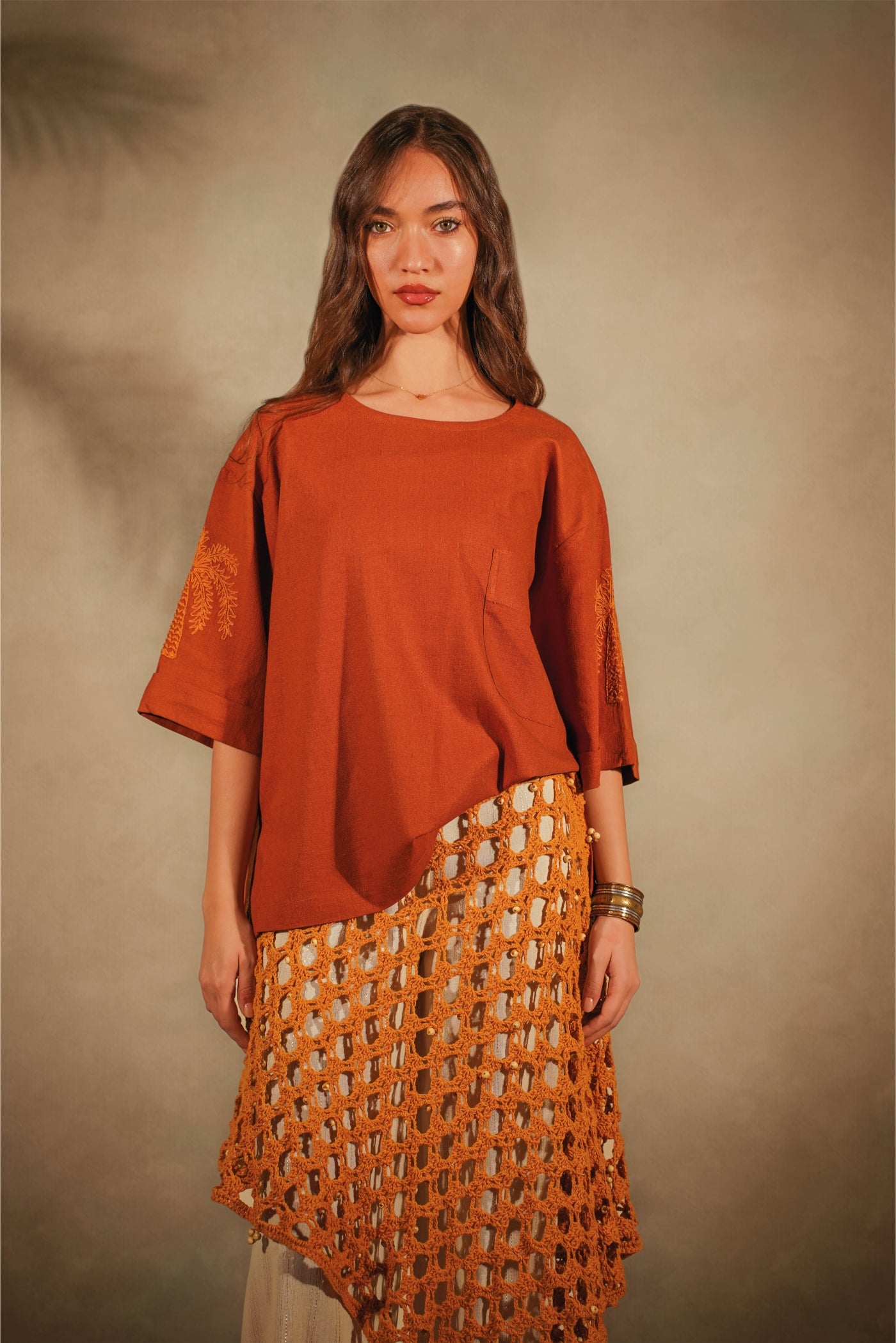 Linen Embroidered T-Shirt Camel