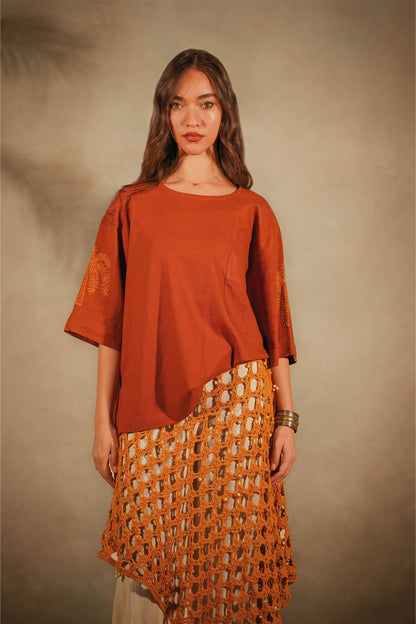 Linen Embroidered T-Shirt Camel