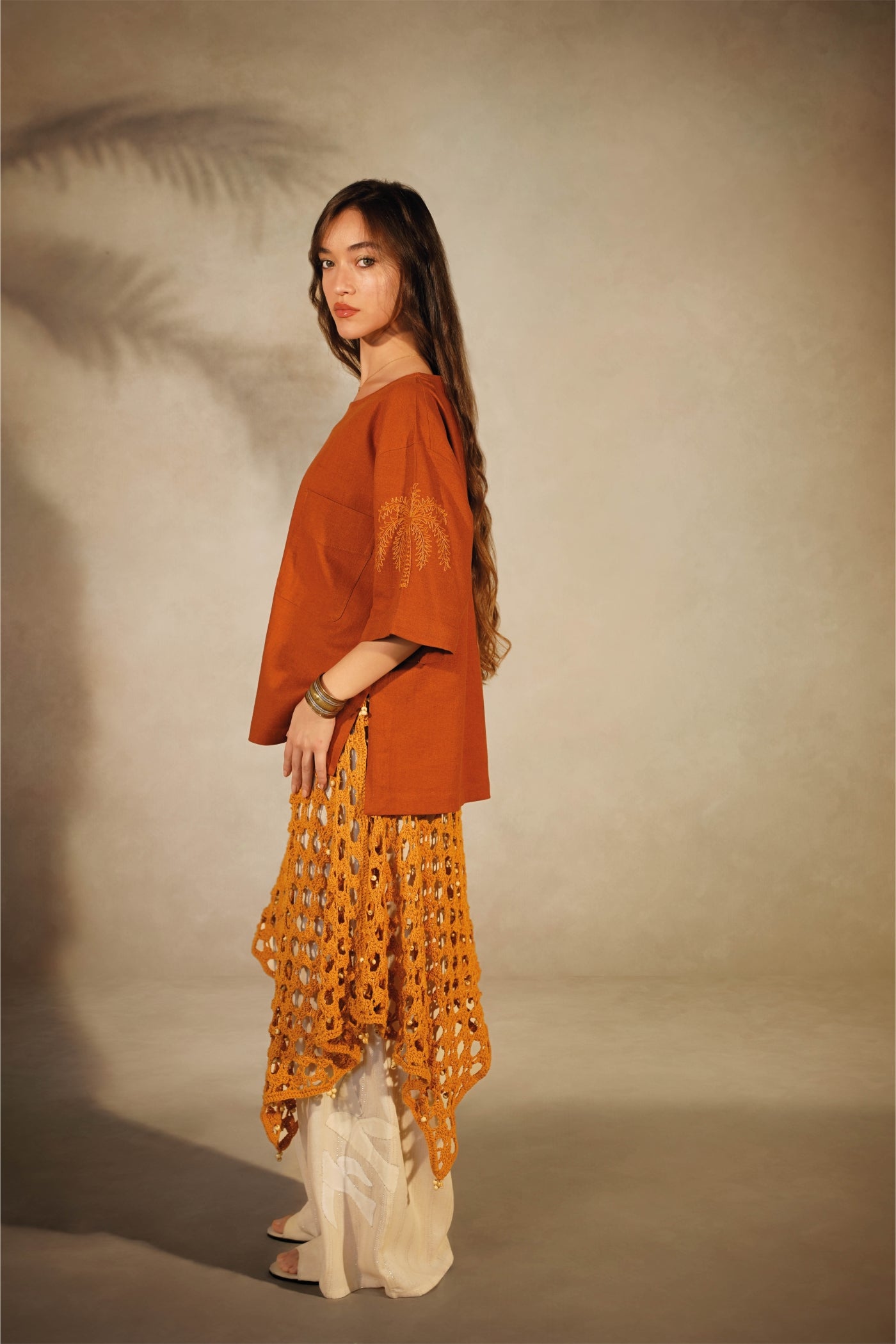 Linen Embroidered T-Shirt Camel