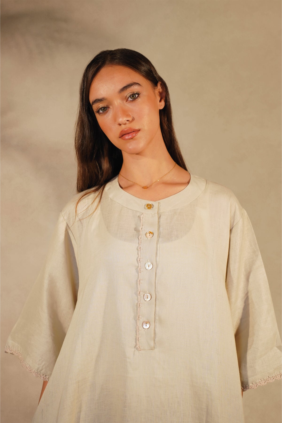 Linen Crochet Beige Dress