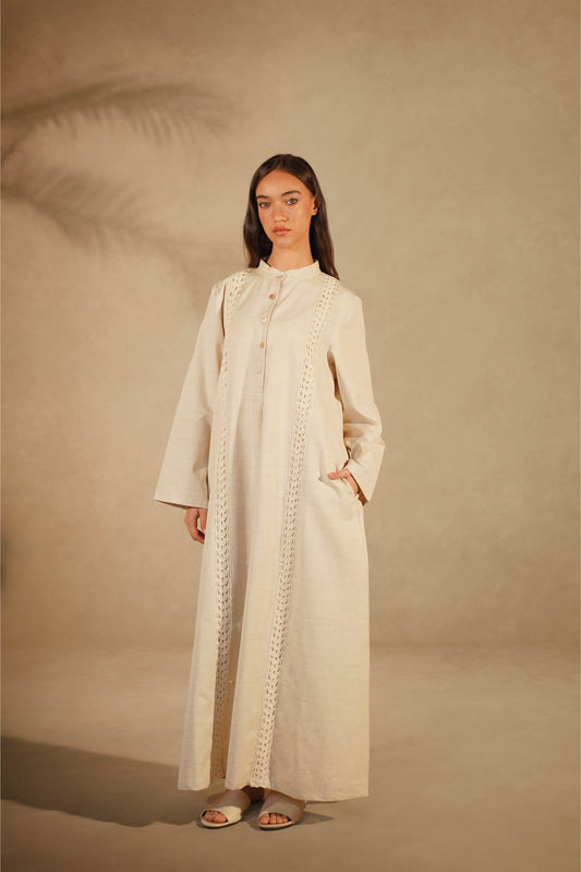 Beige Crochet Line- Linen Galabeya