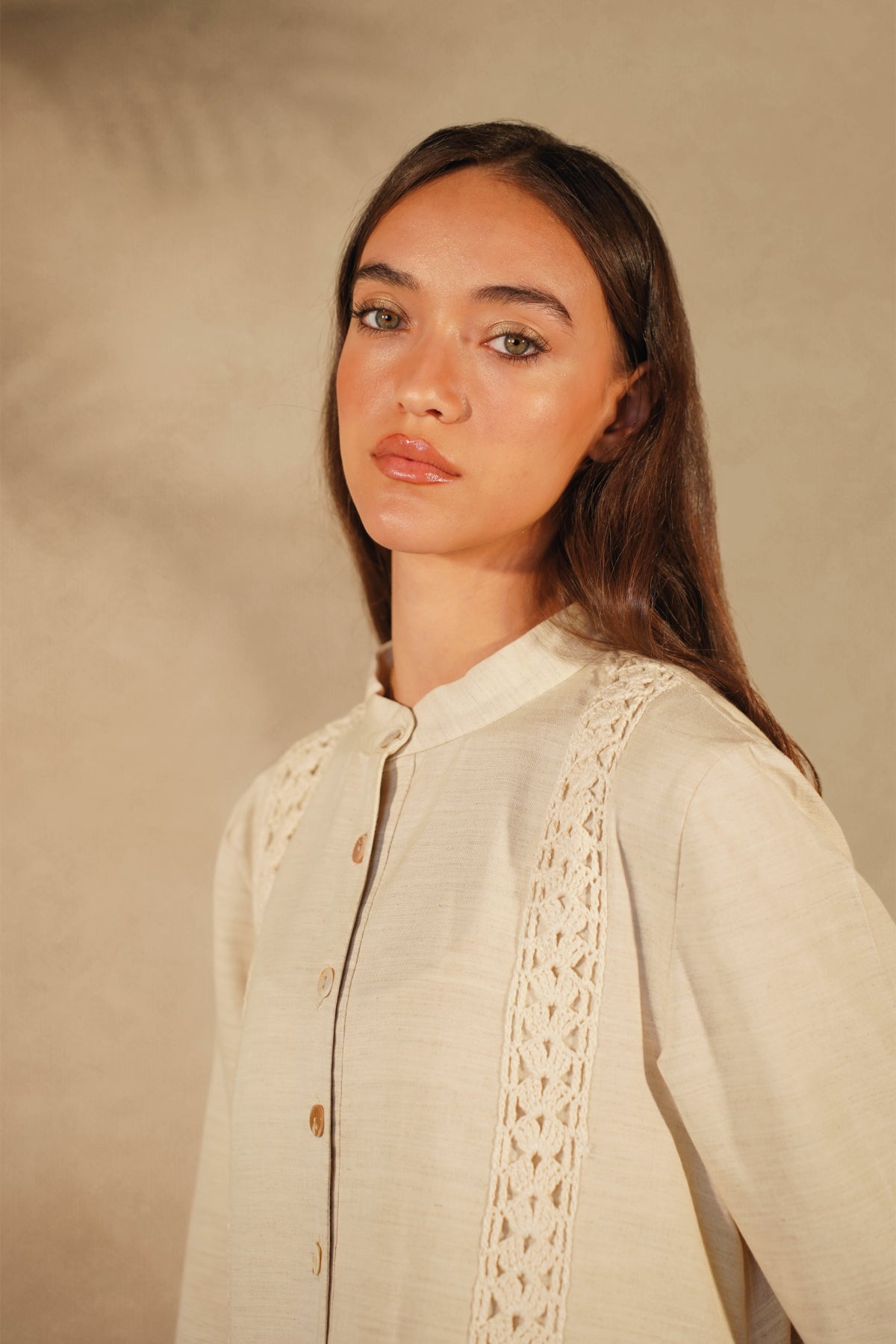 Beige Crochet Line- Linen Galabeya