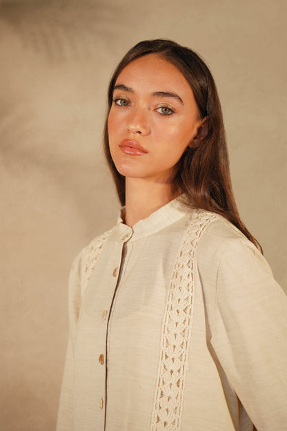 Beige Crochet Line- Linen Galabeya
