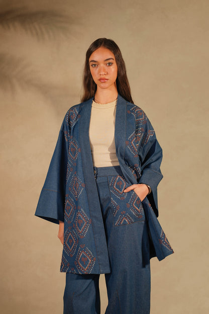 Light Denim Kimono Set - Palm Embroidered