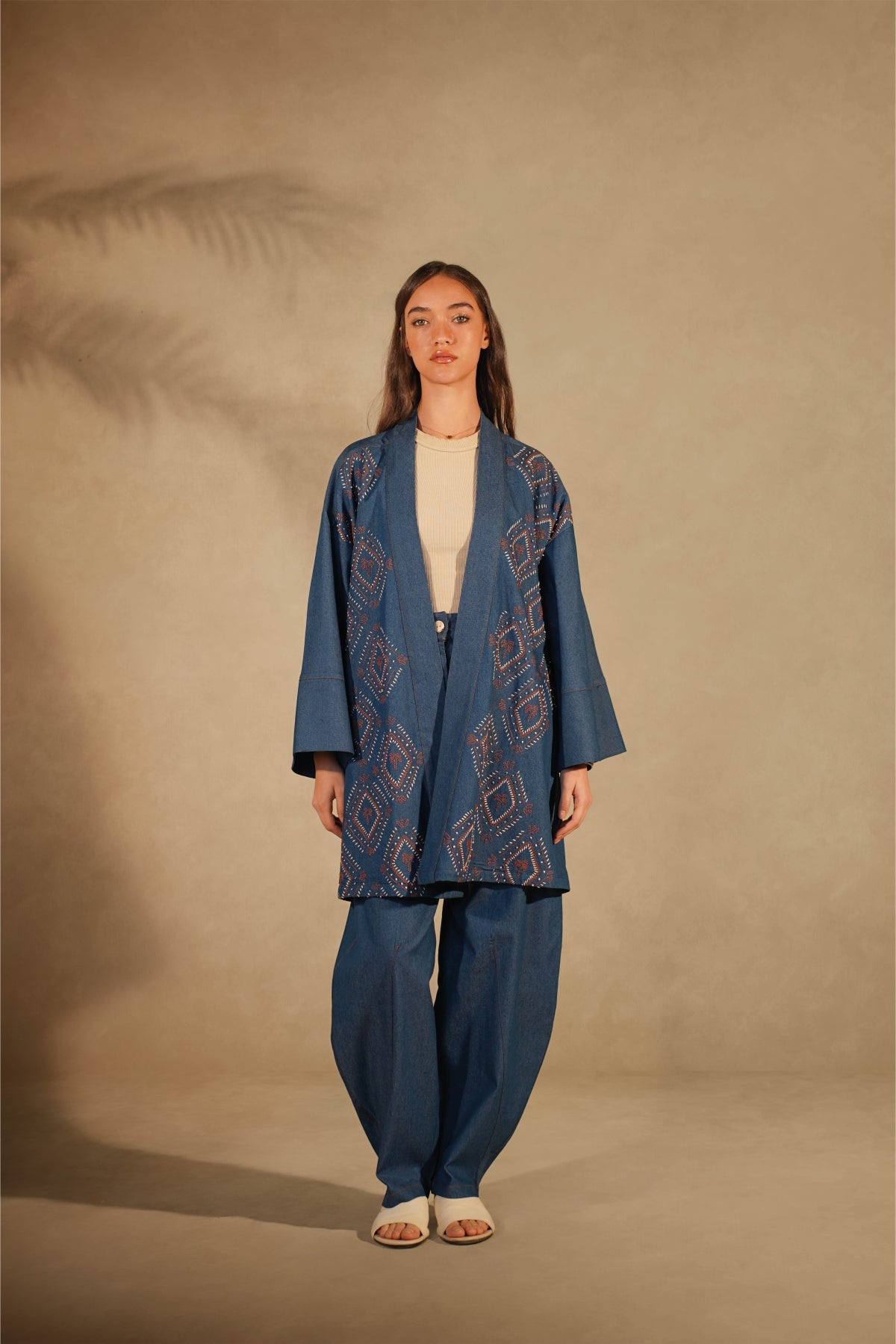 Light Denim Kimono Set - Palm Embroidered