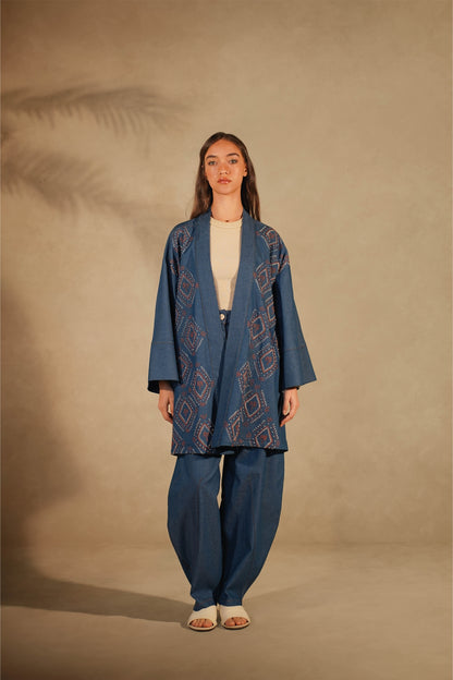 Light Denim Kimono Set - Palm Embroidered