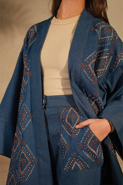 Light Denim Kimono Set - Palm Embroidered