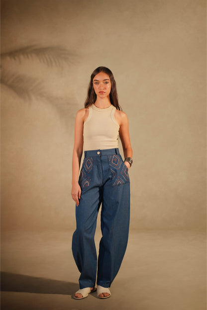 Light Denim Kimono Set - Palm Embroidered